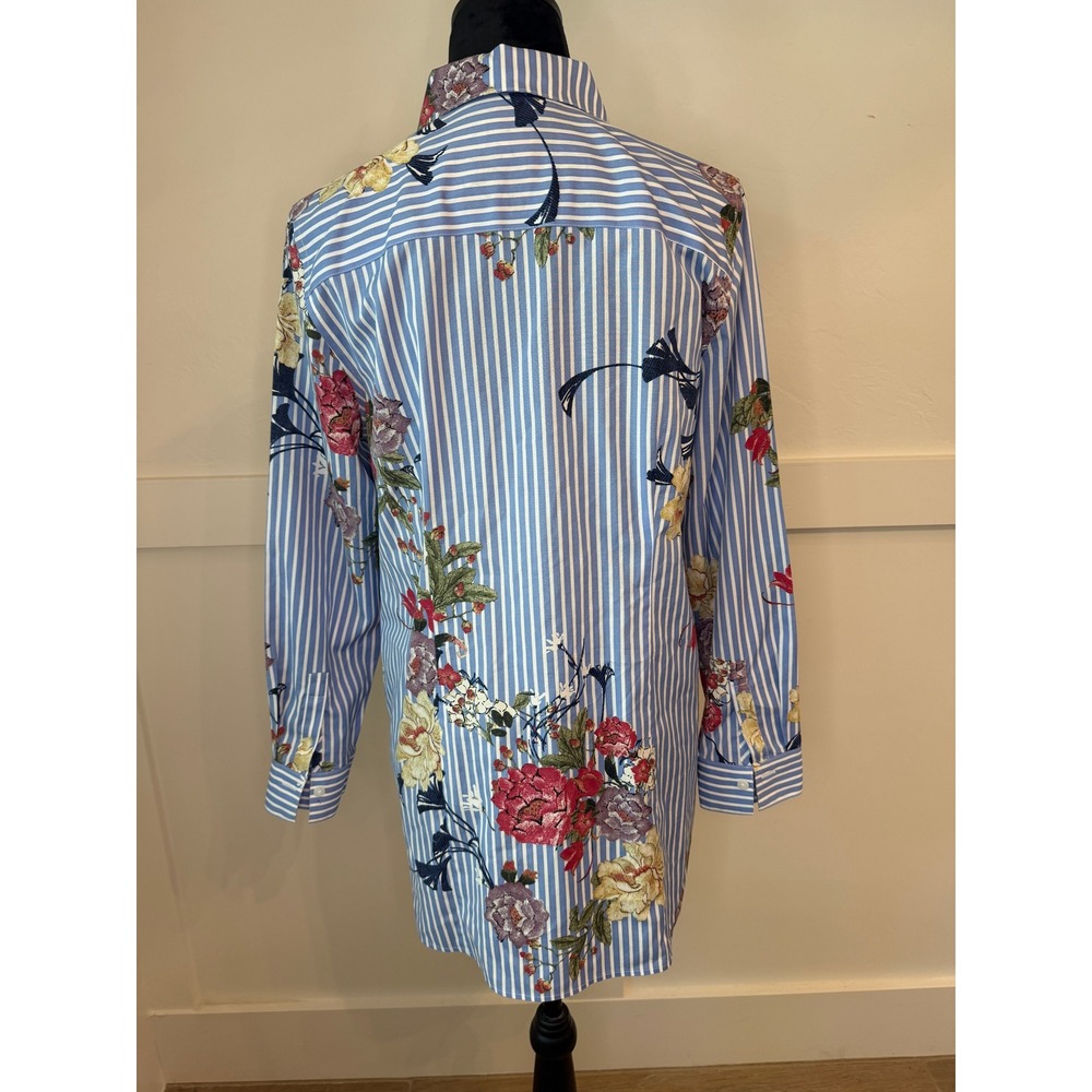 Chico's No Iron Floral Striped Button Down Tunic Top Blue‎ White Size 0 S 4/6 - Picture 4 of 7
